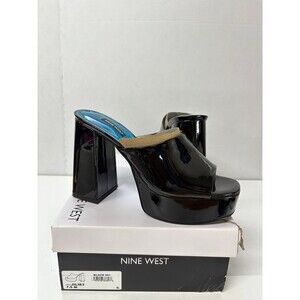 Nine West Women's Jilie 3 Black Peep Toe Slip On Platform Block Sandals Sz 7.5M